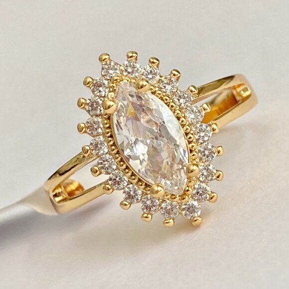 Marquise Cut Cubic Zirconia Halo Cocktail Ring Yellow Gold Plated Size 7 8 9 - Picture 4 of 12